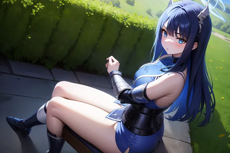 1girl,solo, saorijoumae, saori joumae, blue eyes, blue hair, halo, long hair, sitting, looking at viewer, adventurer clothes, light armor, horns, outdoors