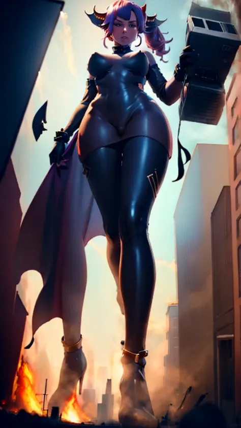 A colossal giantess succubus walks into a tiny city, breaking the floor and everything with her heels, she looks down and mocks you as you see him from below her tiny tits, full bodysuit  and long legs covered all in transparent pantyhose, look down, evil,...