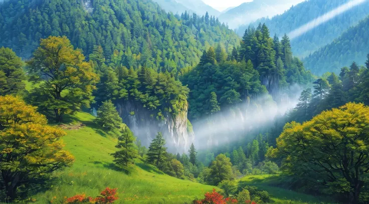 cinematic alps studio ghibli landscape, beautiful detailed mountains, lush green forests, winding rivers, dramatic lighting, warm color palette, detailed foliage, picturesque scenery, atmospheric fog, (best quality,4k,8k,highres,masterpiece:1.2),ultra-deta...