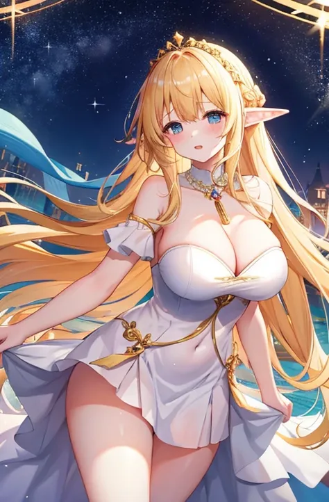 Tag: Tabletop, Highest quality, One Girl,Elvish、 huge , gem, Golden Hair, White Dress, Long Hair, alone, blush, Big Breasts, necklace, White underwear, Beautiful Eyes, , Starry sky in the background, , Thick legs, Thick thighs, Underarm, Hair between the e...