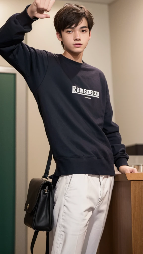 A twenty-year-old young man standing, raising his right hand and giving a thumbs-up 
