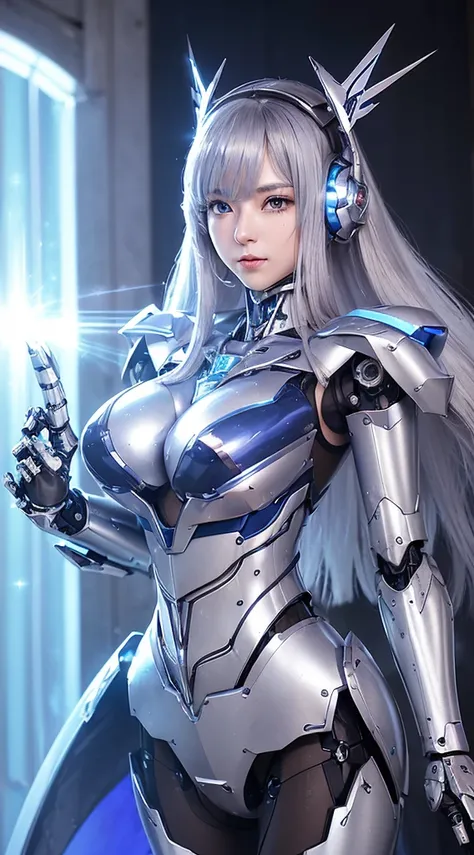 ((Intense action pose:1.6))、((Shining lenses on both breasts:1.3))、((Blue pillars of light are emanating from both chests.:1.3))、smile、((8K)), ((32k)), ((Highest quality)), ((masterpiece)), ((超A high resolution)), ((Tmasterpiece)), ((Halation:1.4))、((Mecha...