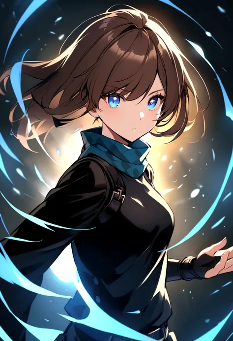 young woman, age 25, chestnut hair, blue colored eyes, black ninja outfit