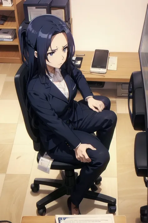 blue hair,,long hair,blue eyes,(((office suit,)))(disgust,looking disgusted, abhore),in the office,sitting on the office chair
