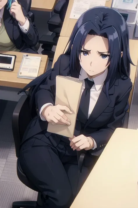 blue hair,,long hair,blue eyes,(((office suit,)))(disgust,looking disgusted, abhore),in the office,sitting on the office chair