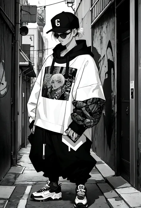 Generate a background composed of a collage of Y2K street wear fashion magazines, featuring a monochromatic black and white aesthetic. Collages must include elements characteristic of urban fashion at the turn of the millennium, like images of baggy clothe...