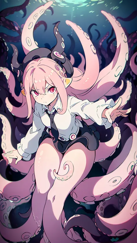 ((best quality)), ((highly detailed)), absurdres, (detailed eyes),1girl,20 years old,solo,long hair,pink hair,(((white shirt,black standart tie,black skirt))),dynamic pose, cowboy shot, (((scylla))), (((octopus girl))), standing, (tentacles:1.33), (suction...