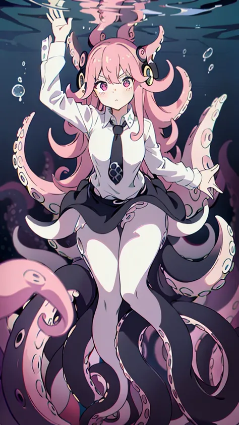 ((best quality)), ((highly detailed)), absurdres, (detailed eyes),1girl,20 years old,solo,long hair,pink hair,(((white shirt,black standart tie,black skirt))),dynamic pose, cowboy shot, (((scylla))), (((octopus girl))), standing, (tentacles:1.33), (suction...