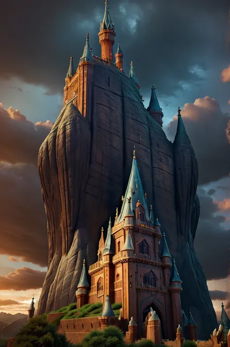 a massive fantasy castle with a giant dragon perched on top, highly detailed, ultra-realistic, 8k, photorealistic, dramatic lighting, intricate architecture, dramatic skies, epic scale, cinematic composition, dramatic colors, volumetric lighting, detailed ...