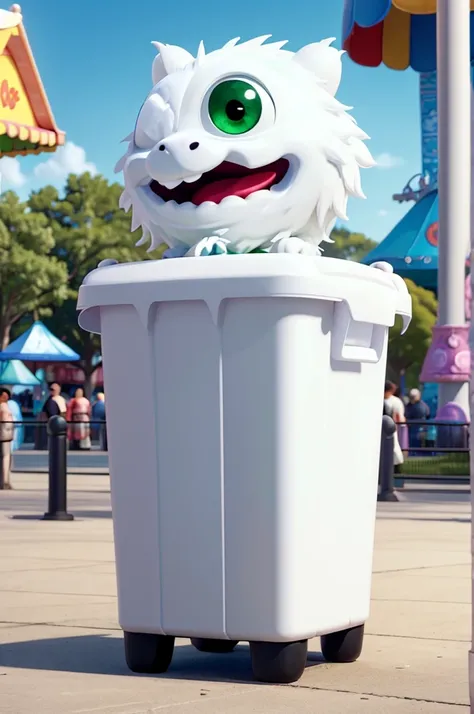 a white monster inside a square green trash can hidden, showing only round white eyes with black pupils,with a white claw holding a lollipop in front of an amusement park called gonpark at night 