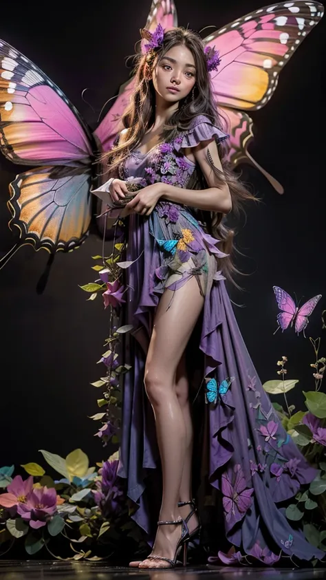 breathtaking a beautiful woman wearing a neon purple (butterfly dress) in vanaheim, crawling, . award-winning, professional, hig...