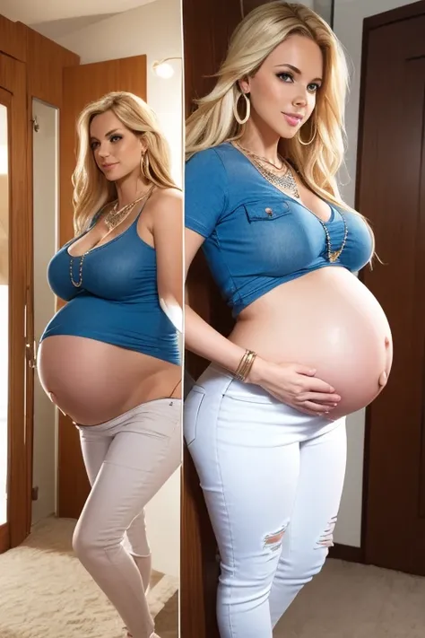  Sexy pregnant woman, cleavage, revealing sexy tight white top, blonde hair, blue jeans, small earrings, necklace, pregnant, full body shot, sexy pose,