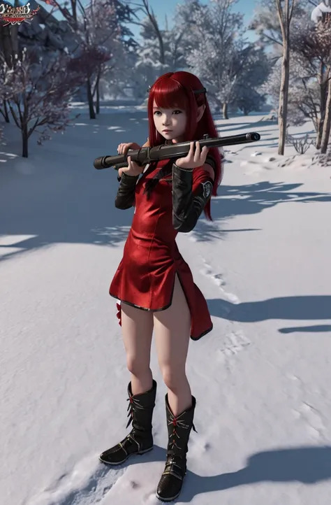 ((Little Huntress girl))holding a rifle in snow battle pose,oriental,Blade and Soul,ink style,long red hair,sheer micro dress, snows,Cold,Artwork,3D,4K,Detailed,Realistic, ((age 3))