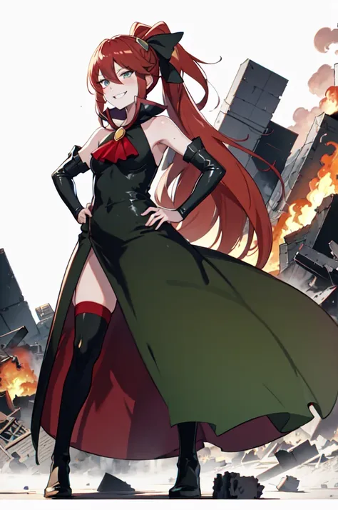 Highest quality, masterpiece, One girl,Not beautiful, Red Ponytail, Long dress, brooch, Hair Bow, Elbow hand pockets, Black knee socks, Standing on the rubble, Burning cityscape, (Wicked Smile:1.1), Hands on hips,,deep shaded face,sadistic smile,Malice,con...