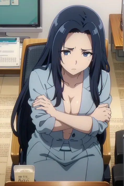 blue hair,,long hair,blue eyes,(((office suit,)))(disgust,looking disgusted, abhore),in the office,sitting on the office chair
