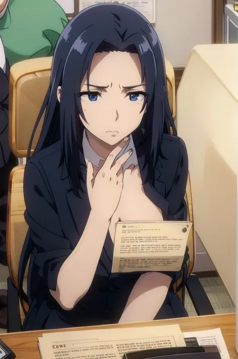 blue hair,,long hair,blue eyes,(((office suit,)))(disgust,looking disgusted, abhore),in the office,sitting on the office chair
