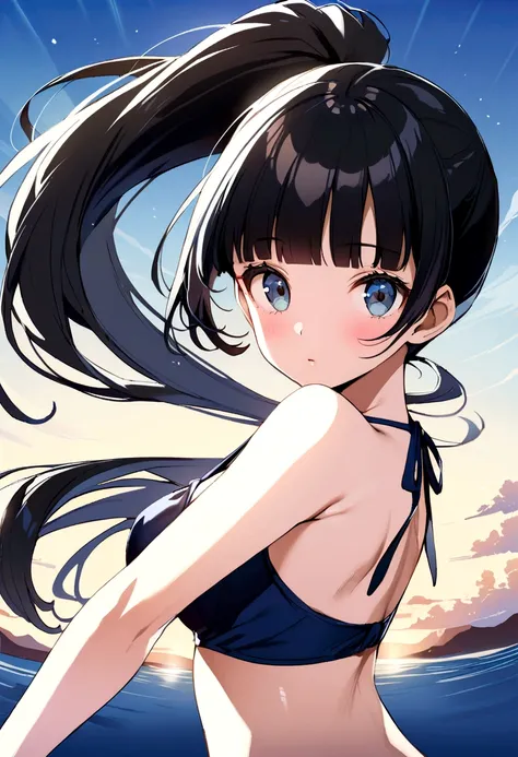 Sunburned skin、Navy blue school swimwear,ponytail、blunt bangs、Black Hair、super fine illustration,(((beautiful fine hair))),(((beautiful fine face))),(((beautiful fine background))),Midsummer、beachBlack Hair、student、bikini、ponytail、blunt bangs、Cross-eyed