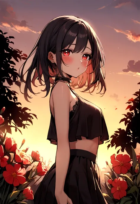 1 girl, by white, Red eyes, bright Eyes, crop top, Skirt, Chapped lips, blush, evening, flores