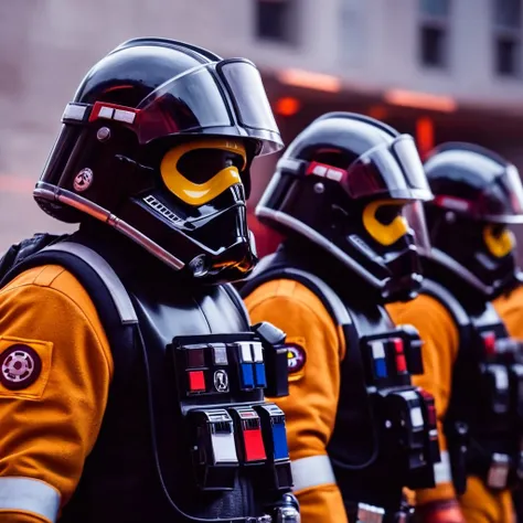 a film still from the star wars universe showing elite black costumed firefighters wearing helmets and jackets in star wars styl...