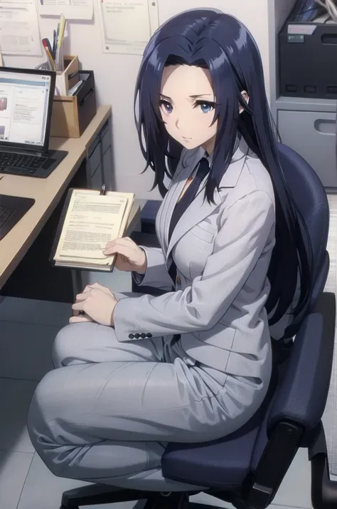 blue hair,,long hair,blue eyes,(((office suit,))),in the office,sitting on the office chair