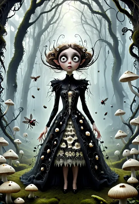 karely ruiz, spider-shaped lace dress, she looks with her enormous eyes directly at the mushrooms with an expression of astonish...