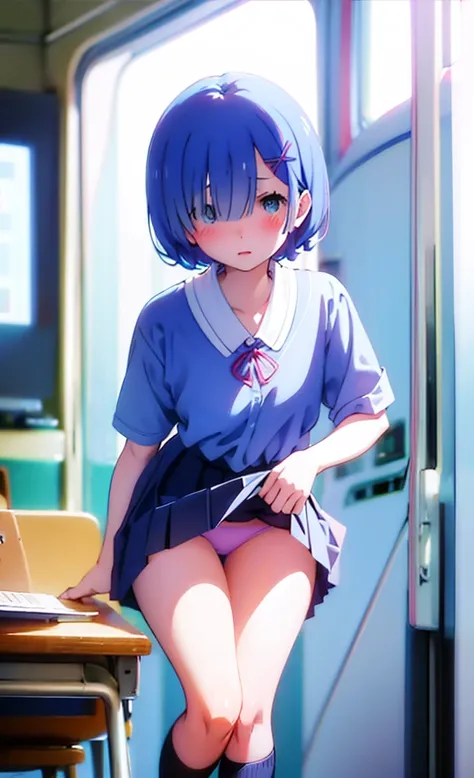 、Backwards、Lift up your skirt、School classroom、Get on all fours on the desk、、Showing panties、Blushing、I can see her panties、Pull up your skirt、Blushing、Blue Hair