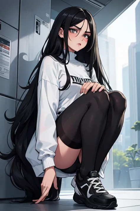 Age 22, White skin girl, almost speaks, Bblack hair, extremely long hair, Cramped, black pantyhose, black sneakers, Bblack hair, hair between the eyes, White hair, cloused mouth, range, cabelo bagunçado saia formal Bblack hair grande extremely long hair ol...