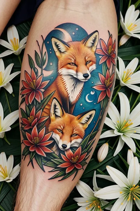 A beautiful fox sleeping on top of Spider Lily flowers, tattoo style