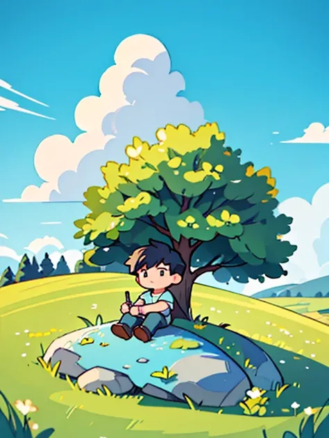 a boy sitting under a tree near a cliff in a meadow , seeing a vast blue sky with fluffy clouds and brush strokes , tall grass stones, , 