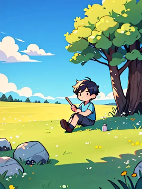 a boy sitting under a tree near a cliff in a meadow , seeing a vast blue sky with fluffy clouds and brush strokes , tall grass stones, , 