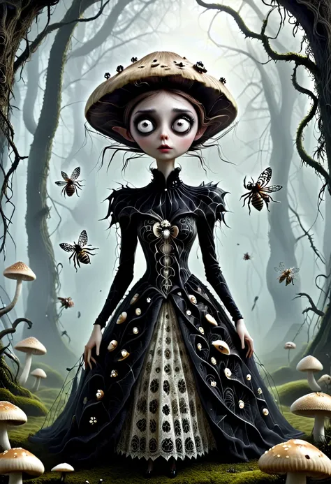 karely ruiz, spider-shaped lace dress, she looks with her enormous eyes directly at the mushrooms with an expression of astonish...