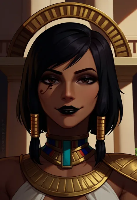 score_9, score_8_up, score_7_up, 1girl, solo, pharah, brown eyes, (eye of horus), (black lipstick), portrait, smug, smirk, egypt...