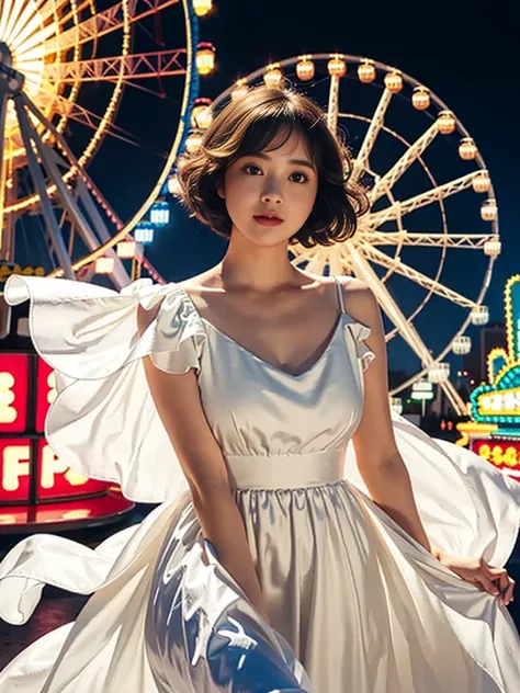 1 girl, cute chubby,, round face, double chin,Shoulder length Fluffy short curly hair ,Low V-neck white evening dress long skirt  looking at the camera，Amusement Park, Ferris Wheel