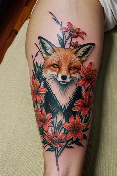 A fox wrapped in Spider Lily flowers, tattoo style