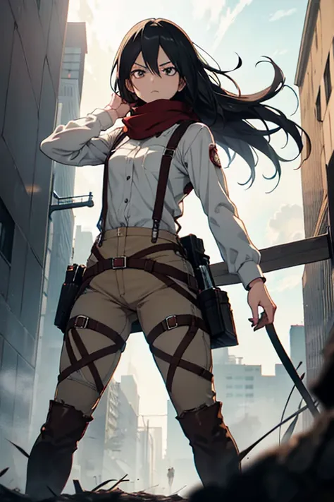 attack on titan, mikasa, full body photo ,Draw a young woman of average height, with long black hair. Your eyes are gray and expressive, reflecting determination and intensity. She is dressed in a white blouse and" a beautiful red scarf", He wears suspende...