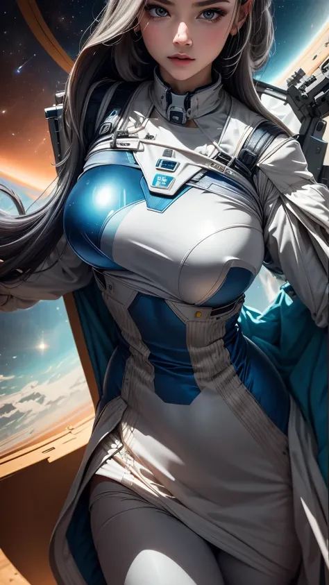 Anime girl in space with a spaceship in the background, thick and smooth warframe thighs, gynoid body, Usa un Space suit, Centaur Astronaut, Retrato Anime Space Cadet Girl, en Space suit, vestido con Space suit, con un Space suit puesto, biomechanical oppa...