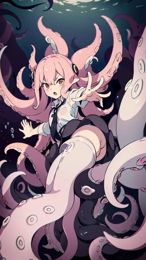 ((best quality)), ((highly detailed)), absurdres, (detailed eyes),1girl,20 years old,solo,long hair,pink hair,(((white shirt,black standart tie,black skirt))),dynamic pose, cowboy shot, (((scylla))), (((octopus girl))), standing, (tentacles:1.33), (suction...