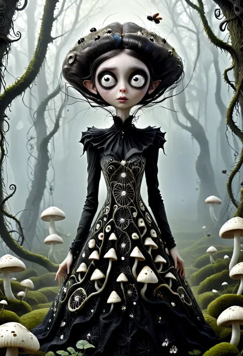 karely ruiz, spider-shaped lace dress, she looks with her enormous eyes directly at the mushrooms with an expression of astonish...