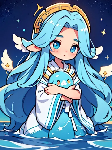 clouds, flowing hair, stars in hair, adult, starry eyes, mar, ocean, celestial, , Deity, by the faded blue, hair like the sky with stars, ocean hair, soft smile, (({comforting aura})), angel, 