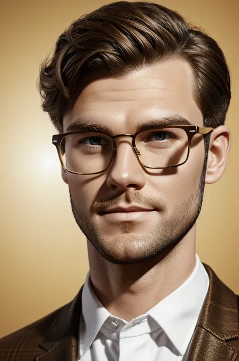 3d drawing of a white man with dimples on his cheeks square gold glasses short wavy hair bushy eyebrows and brown