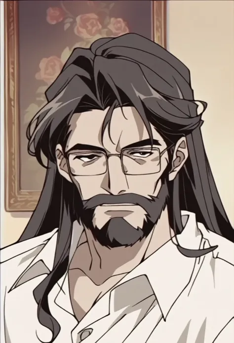 there is a man with long hair and glasses posing for a picture, with long, curly hair, longos blackquality hair ondulados e óculos, long beard, long beard, blackquality hair, black beard, band shirt, young man