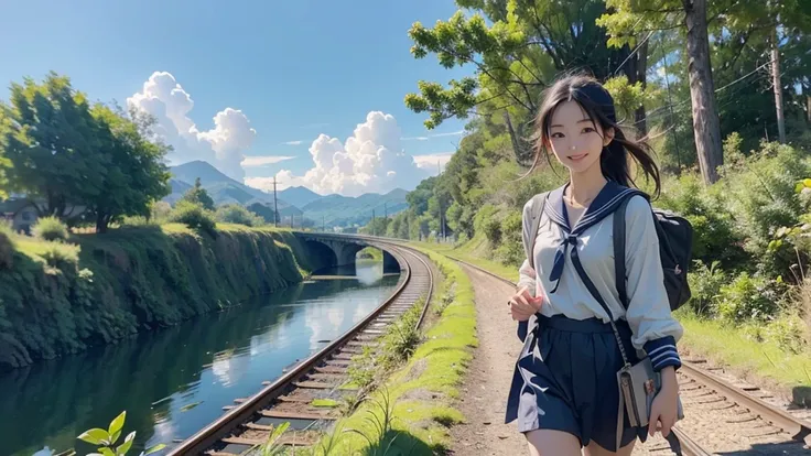 8K、RAW Photos、Highest quality、Super detailed、Super Resolution、Ultra HD、8K壁紙、Amazingly detailed rural landscape、The tracks continue、Walking along the tracks、(Sailor suit),smile、sun、School bag
