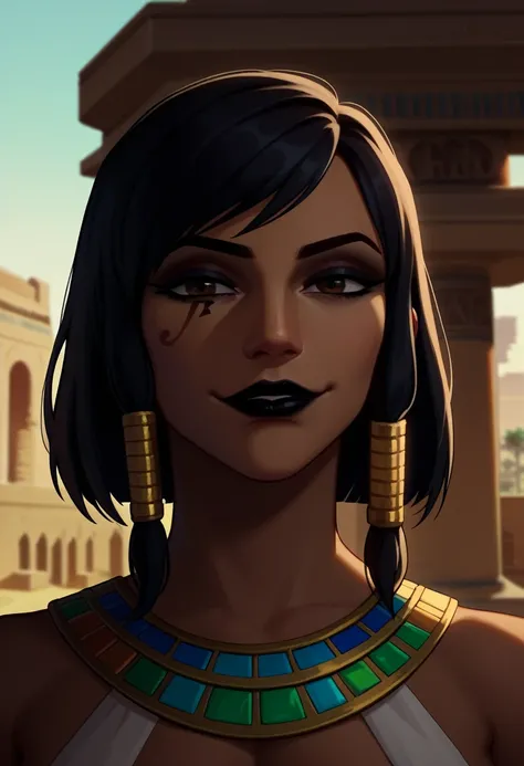 score_9, score_8_up, score_7_up, 1girl, solo, pharah, brown eyes, (eye of horus), (black lipstick), portrait, smug, smirk, egypt...