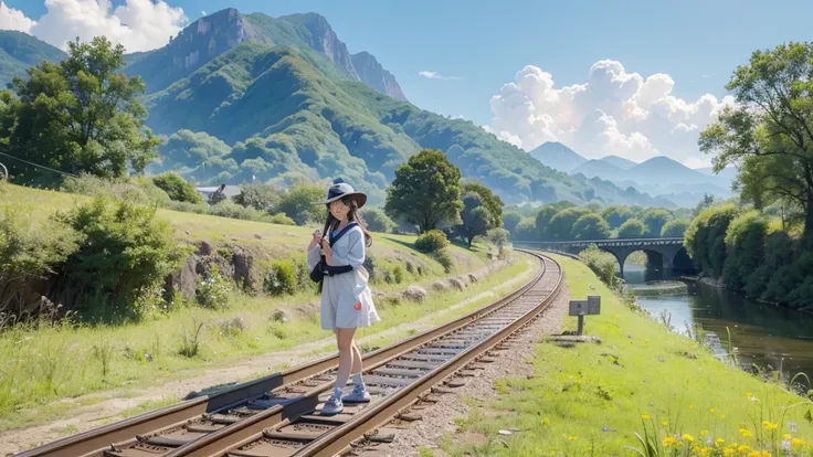 8K、RAW Photos、Highest quality、Super detailed、Super Resolution、Ultra HD、8K壁紙、Amazingly detailed rural landscape、The tracks continue、Walking along the tracks、(Sailor suit),smile、sun、School bag
