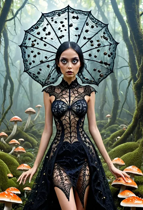 karely ruiz, spider-shaped lace dress, she looks with her enormous eyes directly at the mushrooms with an expression of astonish...