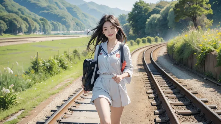 8K、RAW Photos、Highest quality、Super detailed、Super Resolution、Ultra HD、8K壁紙、Amazingly detailed rural landscape、The tracks continue、Walking along the tracks、(Sailor suit),smile、sun、School bag
