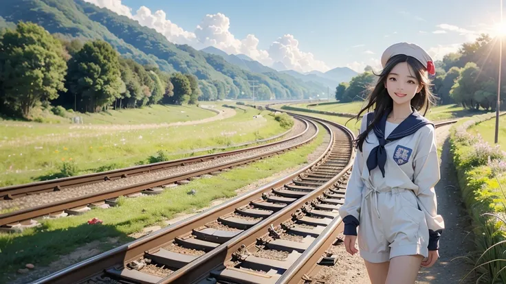 8K、RAW Photos、Highest quality、Super detailed、Super Resolution、Ultra HD、8K壁紙、Amazingly detailed rural landscape、The tracks continue、Walking along the tracks、(Sailor suit),smile、sun、School bag
