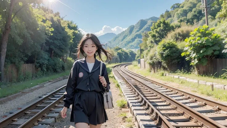 8K、RAW Photos、Highest quality、Super detailed、Super Resolution、Ultra HD、8K壁紙、Amazingly detailed rural landscape、The tracks continue、Walking along the tracks、(Sailor suit),smile、sun、School bag
