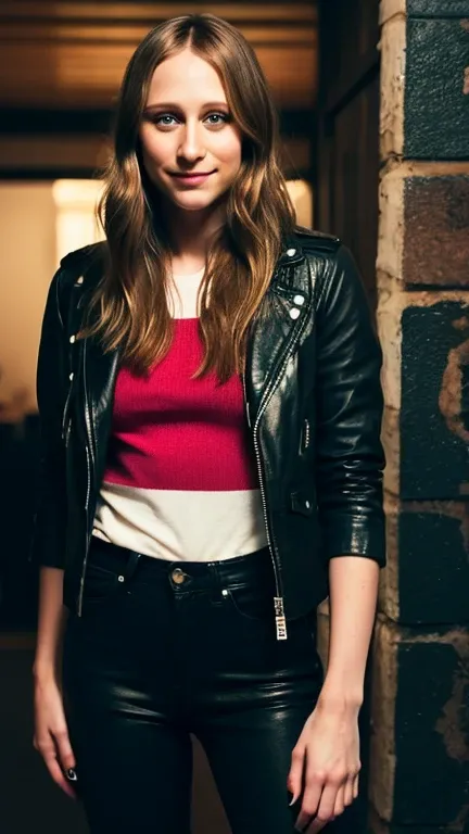 Taissa Farmiga with short hair, wearing a leather jacket and tight jeans and a sexy smile.