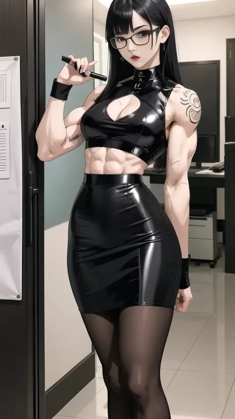 Boy, Korean, male body, adult, tattoo, lipstick, gothic, girl face, serious face, glasses, black hair (long with bangs),perfect body, fit body, thin waist, office, muscular, small female chest, black pencil skirt, dominatrix, top, pantyhose, pretuberance, ...